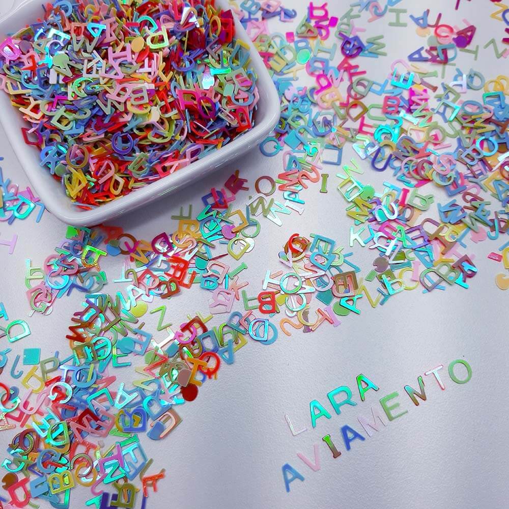 LETRA-PAETE-COLAGEM.jpg Aplique Letra Letrinha Alfabeto degrade Pvc 6mm- 50G - Imagem 1