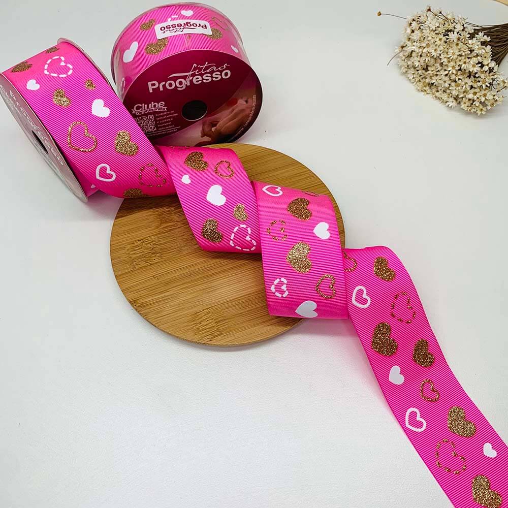 fita coracao glitter progresso rosa chiclete fita glitter coracao