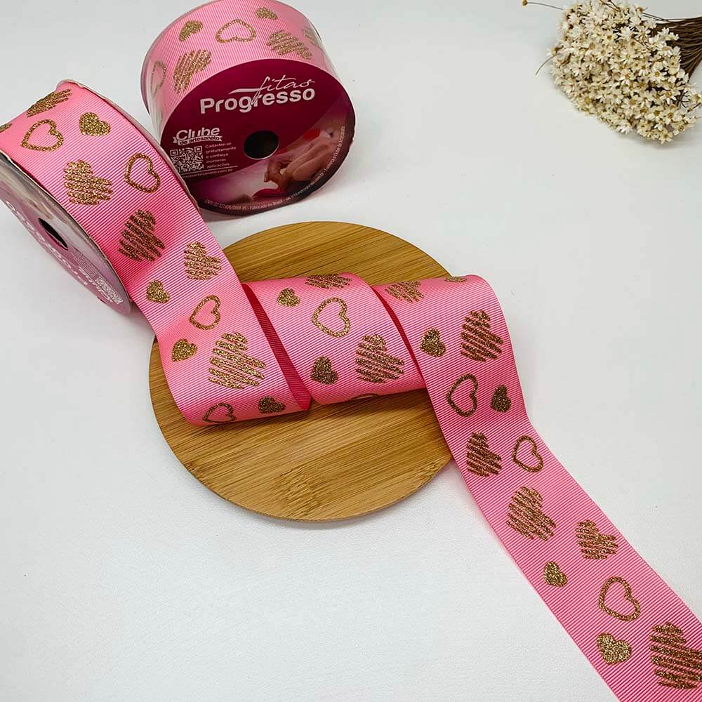 fita coracao glitter rose Fita Glitter Coração Progresso nº 9-38mm - Imagem 1
