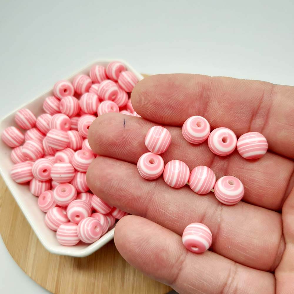 miçanga rosa rajada2 Perola P/Bijuteria Leitosa Plastica Listada 10mm - Imagem 1