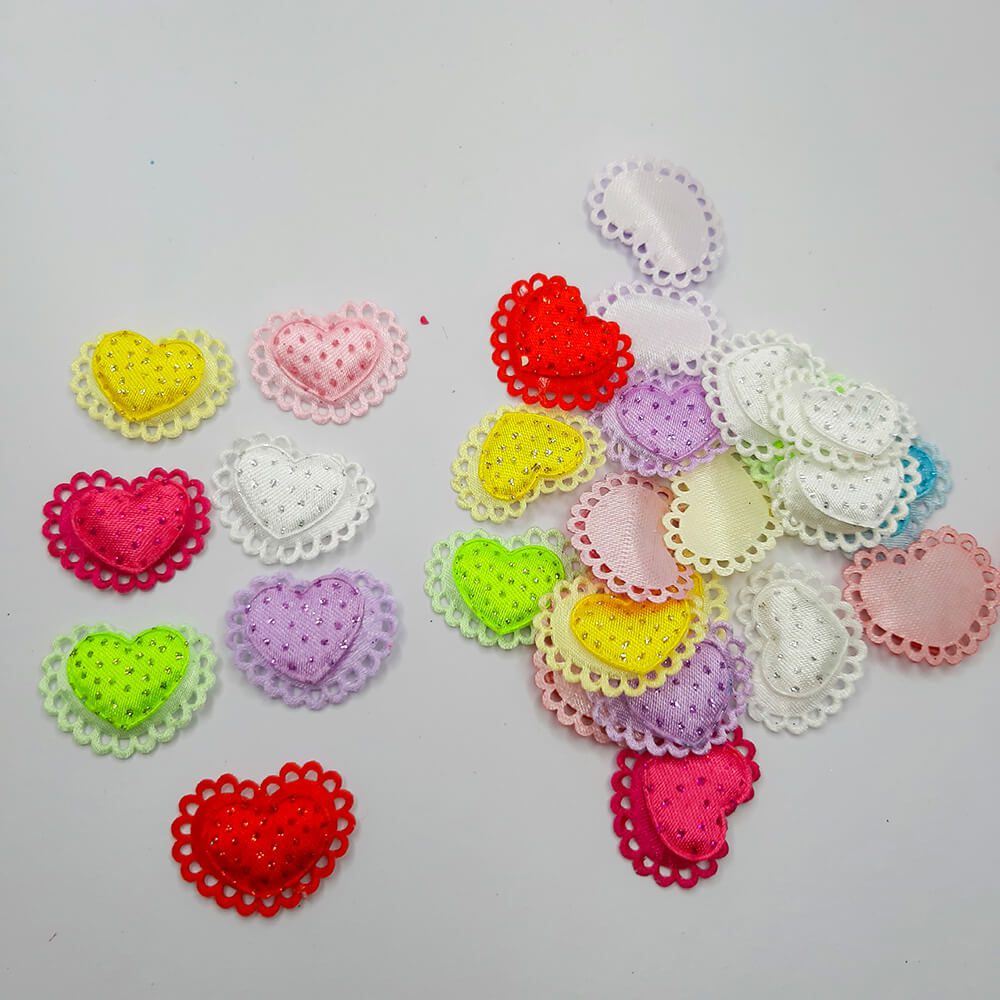 aplique coracao renda acolchoado Aplique Coração Duplo renda Acolchoado Glitter- 5unid