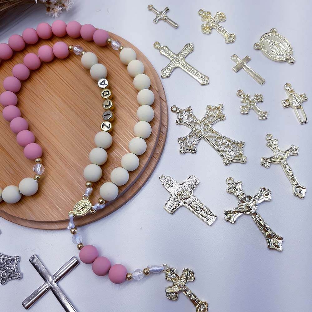 material ara terço crus crucifixo, entremeios dourado Crucifixo e entremeio para montar Terço-unid.